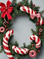 Photo Of Christmas Wreath Intertwined With Candy Cane Stripes. AI Generated