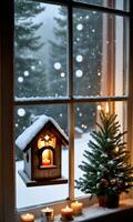 foto de Navidad alumbrado por velas ventana con un ver de un Nevado pajarera y pino árbol. ai generado