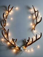 Photo Of Christmas Reindeer Antlers Wrapped With Fairy Lights. AI Generated