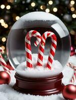 Photo Of Christmas Candy Canes Surrounding A Snow Globe. AI Generated