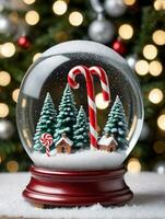 foto de Navidad nieve globo con un caramelo caña bosque adentro. ai generado