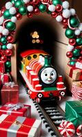 Photo Of Christmas Toy Train Going Through A Tunnel Of Gifts And Candy Canes. AI Generated