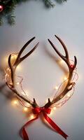 Photo Of Christmas Reindeer Antlers Wrapped With Fairy Lights And Red Ribbons. AI Generated