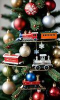 Photo Of Christmas Pine Tree Adorned With Toy Trains Baubles And Snowflakes. AI Generated