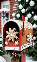 Photo Of Christmas Snowflakes Adorning A Mailbox Filled With Gingerbread Cookies. AI Generated