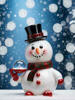 Photo Of Christmas Snowman Holding A Glass Snow Globe. AI Generated