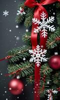 Photo Of Christmas Pine Tree Branches Draped With Red Ribbons And Snowflakes. AI Generated