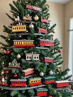 Photo Of Christmas Pine Tree Adorned With Toy Trains. AI Generated