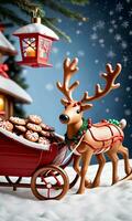 Photo Of Christmas Reindeer Pulling A Sleigh Filled With Gingerbread Cookies And Lanterns. AI Generated