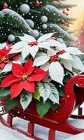 Photo Of Christmas Snowflakes Falling On A Sleigh Filled With Gifts And Poinsettia Plants. AI Generated