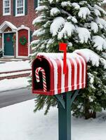 Photo Of Christmas SnowCovered Mailbox With Candy Cane Stripes. AI Generated