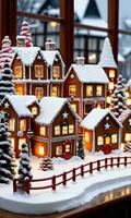 Photo Of Christmas Gingerbread Village Display With A Snowy Bridge And Lanterns. AI Generated