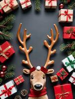 Photo Of Christmas Reindeer Antlers Beside A Pile Of Gifts. AI Generated