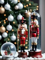 Photo Of Christmas Nutcracker Standing Next To A Snow Globe. AI Generated