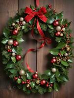 Photo Of Christmas Wreath Intertwined With Jingle Bells And Mistletoe. AI Generated