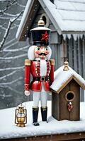 Photo Of Christmas Nutcracker Holding A Lantern Beside A SnowCovered Birdhouse. AI Generated