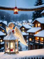foto de Navidad ángel ornamento con vista a un Nevado pueblo con un iluminado linterna. ai generado