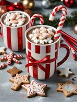 Photo Of Christmas Hot Cocoa Mug With A Candy Cane Stirrer Beside StarShaped Cookies. AI Generated