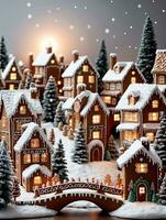 Photo Of Christmas Gingerbread Village With A Snowy Bridge And Lanterns. AI Generated