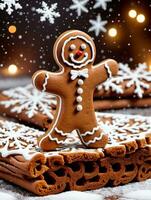 Photo Of Christmas Snowflakes Falling On A Gingerbread Man Standing Near A Yule Log. AI Generated