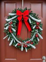 Photo Of Christmas Wreath Intertwined With Icicles. AI Generated