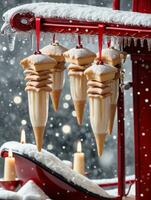 Photo Of Christmas Icicles Hanging From A Sleigh Filled With Mince Pies And Eggnog. AI Generated
