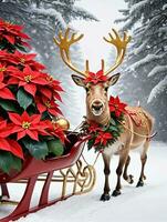 Photo Of Christmas Reindeer Pulling A Sleigh Filled With Poinsettia Plants And Golden Stars. AI Generated