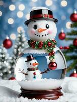 Photo Of Christmas Snowman Wearing A Wreath Necklace Holding A Glass Snow Globe. AI Generated