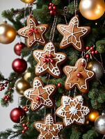 Photo Of Christmas Gingerbread Cookies Hanging From A Tree Adorned With Mistletoe And Lanterns. AI Generated