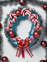 Photo Of Christmas Wreath Made Of Candy Canes Tinsel And Baubles. AI Generated