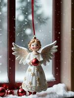 foto de Navidad ángel ornamento junto a un Nevado ventana con colgando medias ai generado