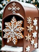 Photo Of Christmas Snowflakes Adorning A Mailbox Filled With Gingerbread Cookies. AI Generated