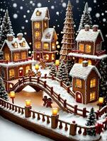 Photo Of Christmas Gingerbread Village Display With A Snowy Bridge And Lanterns. AI Generated