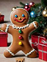 Photo Of Christmas Gingerbread Man Standing Next To A Pile Of Gifts Wrapped In Tinsel. AI Generated