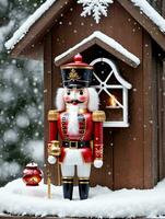 Photo Of Christmas Nutcracker Holding A Lantern Beside A SnowCovered Birdhouse. AI Generated