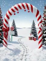 Photo Of Christmas Snowy Footprints Leading To A Candy Cane Arch With Hanging Stockings. AI Generated