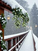 Photo Of Christmas Mistletoe Hanging From A Snowy Bridge Adorned With Fairy Lights. AI Generated