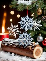 Photo Of Christmas Snowflakes Falling On A Nutcracker Beside A Yule Log. AI Generated