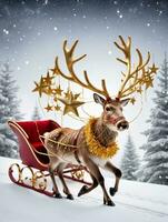 Photo Of Christmas Reindeer Pulling A Sleigh Filled With Golden Stars And Tinsel. AI Generated