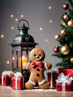 Photo Of Christmas Gingerbread Man Standing Next To A Lantern And A Pile Of Gifts. AI Generated