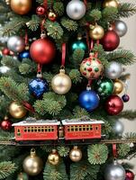 foto de Navidad pino árbol adornado con juguete trenes adornos y cascabeleo campanas ai generado