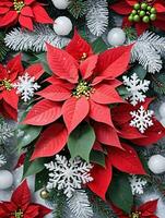 foto de Navidad flor de pascua planta rodeado por copos de nieve y muérdago. ai generado