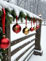 Photo Of Christmas Jingle Bells On A Snowy Bridge With Hanging Ornaments. AI Generated