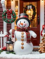 Photo Of Christmas Snowman Wearing A Wreath Necklace Holding A Lantern Beside A Gingerbread House. AI Generated