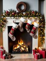 Photo Of Christmas Stockings Filled With Pinecones Beside A Glowing Fireplace. AI Generated