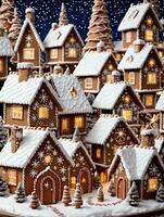 Photo Of Christmas Snowflakes Adorning A Gingerbread Village With A Starry Sky. AI Generated