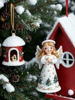 foto de Navidad ángel ornamento junto a un Nevado pajarera y pino árbol. ai generado