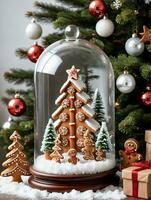 Photo Of Christmas Pine Tree Adorned With Glass Snow Globes And Gingerbread Cookies. AI Generated