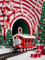 foto de Navidad juguete tren que lleva caramelo bastones mediante un túnel de regalos. ai generado