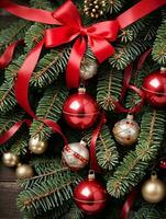 Photo Of Christmas Pine Tree Branches Decorated With Jingle Bells And Red Ribbons. AI Generated